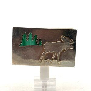 Estate Sterling Silver Moose & Pine Tree Malachite Inlay Rectangular Brooch Pin